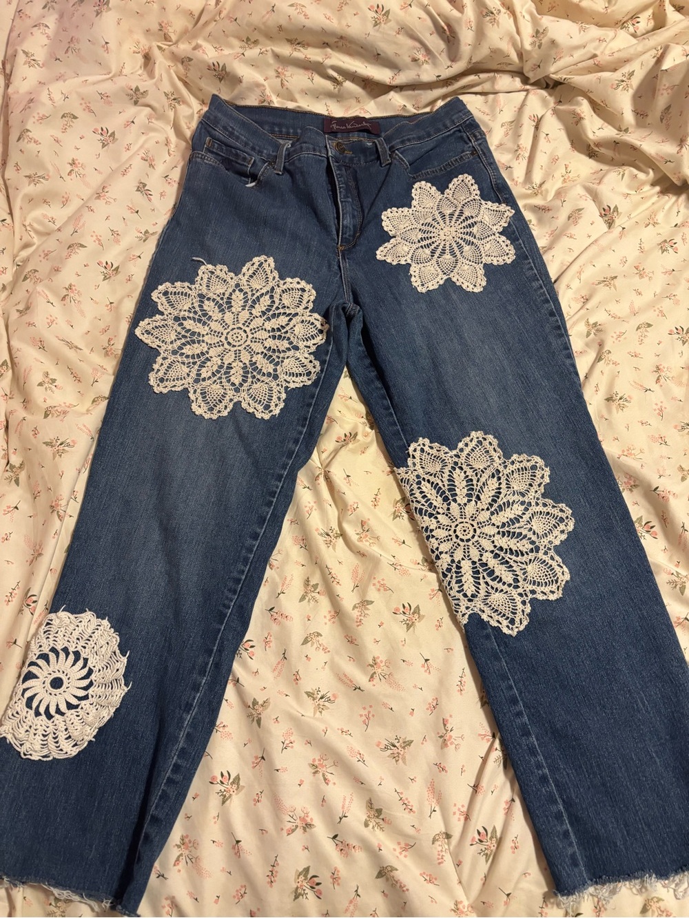 Handmade Women’s Blue Denim Jeans with White Crochet Appliqué